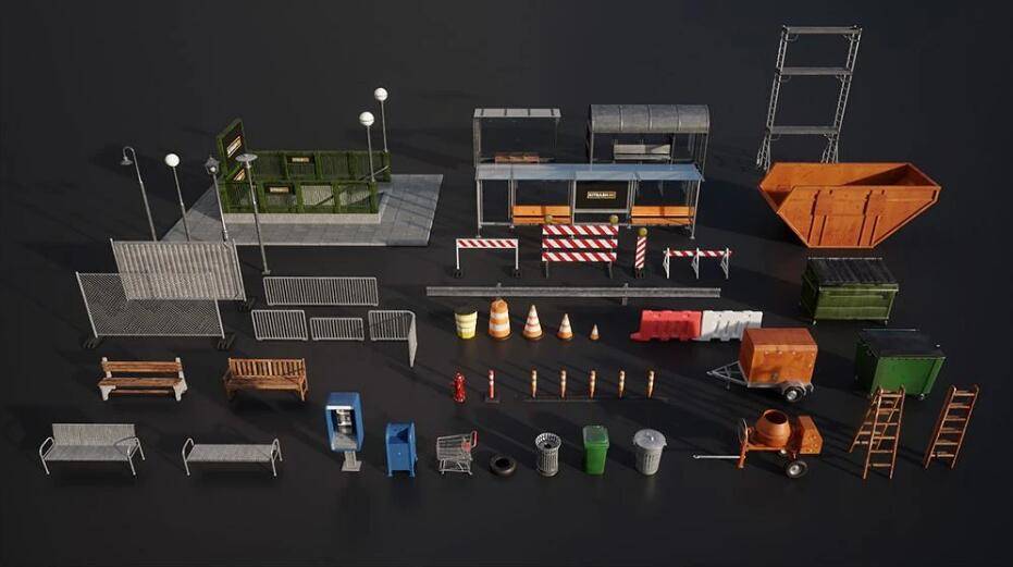 C4D模型-城市交通道路警示路灯等3D模型 Kitbash3D PROPS StreetSide-MGJT资源