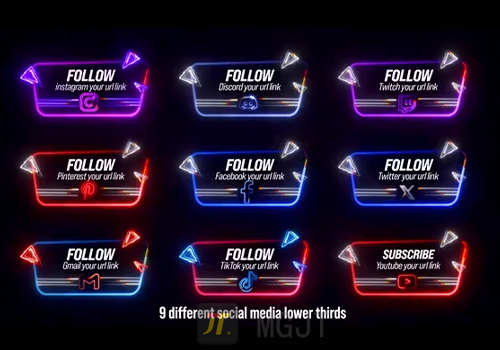 AE模版-9种绚彩霓虹灯标题字幕元素Neon Social Lower Thirds-MGJT资源