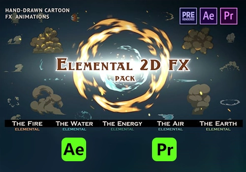 PR/AE脚本-860+动漫卡通烟雾火焰能量电流液体爆炸MG动画元素包 Elemental 2D FX Pack-MGJT资源