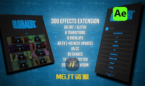Ae脚本-专业视频转场过渡光效纹理VFX预设  GlobalFX Extension-MGJT资源