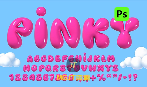 PS字体-48个卡通风格的粉红色泡泡气球 3D 字母字体-MGJT资源