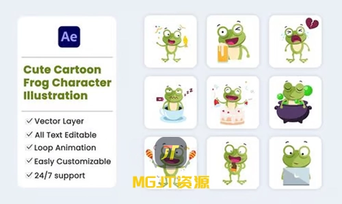 10个可爱的卡通青蛙动画插图元素 AE 模板-MGJT资源