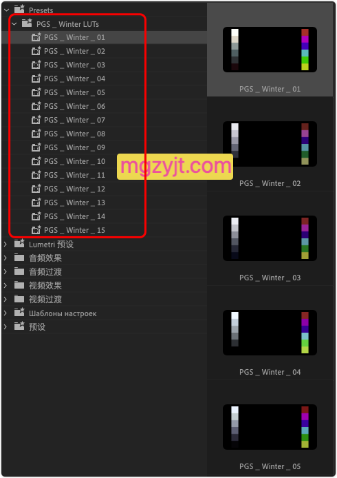 PR预设-<span style="color: lightgreen;"> (8K分辨率)</span>15个冬季彩色LUTs调色 PR预设-<span style="color: lightgreen;"> (8K分辨率)</span>15个冬季彩色LUTs调色